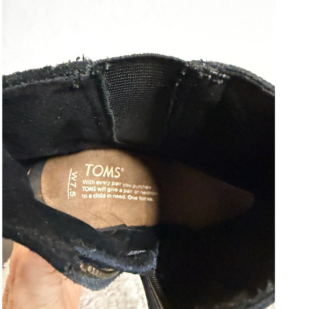 Toms Booties Black Suede Ankle High Majorca Perforated 7.5 Peep Toe Block Heel - Picture 7 of 12